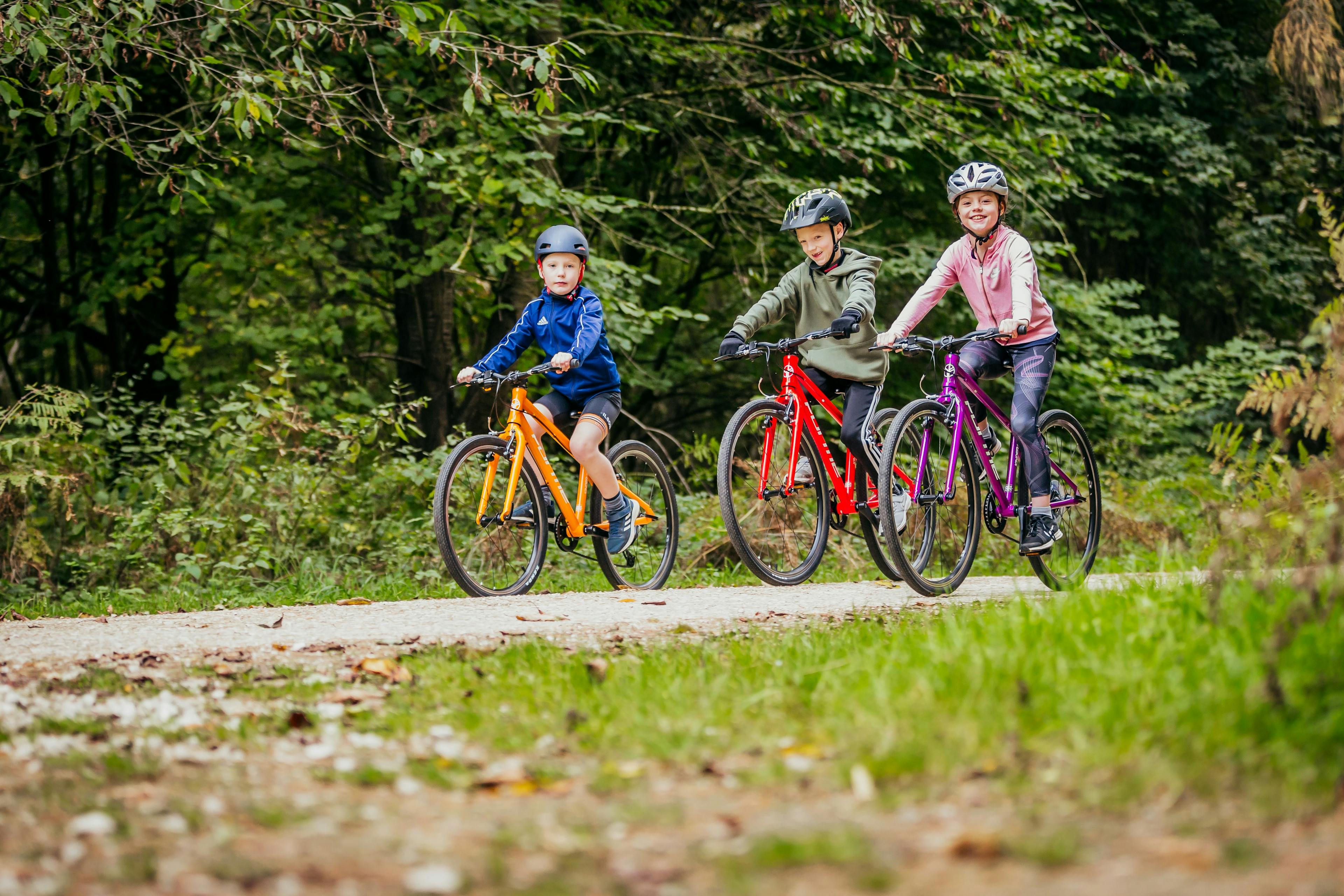 three children riding bikes in woods